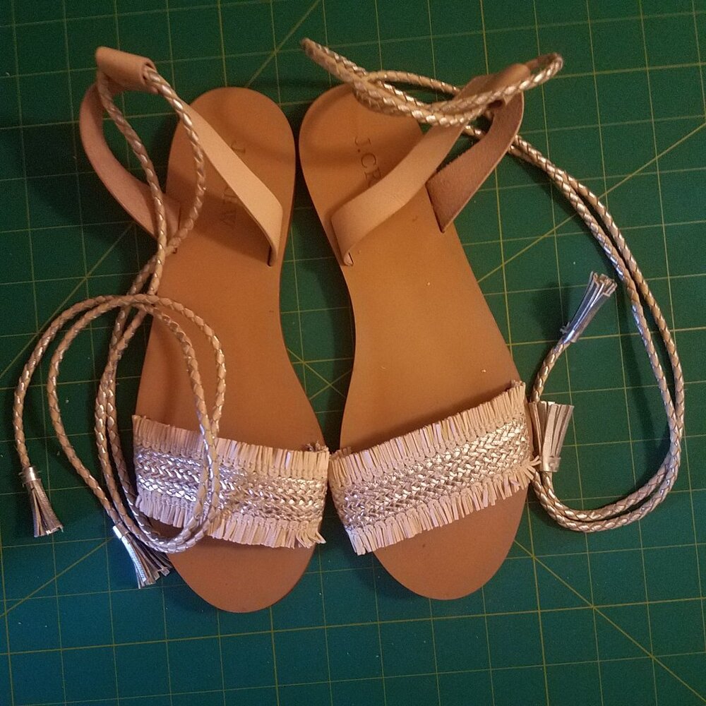 J. Crew Flat "Straw" Fringe Sandals~Braided Tassel Ankle Ties~Tan/Silver 6.5